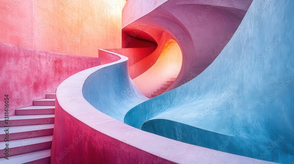 Aufkleber curved staircase leads through colorful abstract architecture with soft pastel hues enhancing the un