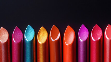 Vibrant colorful lipsticks showcasing diverse shades on black background
