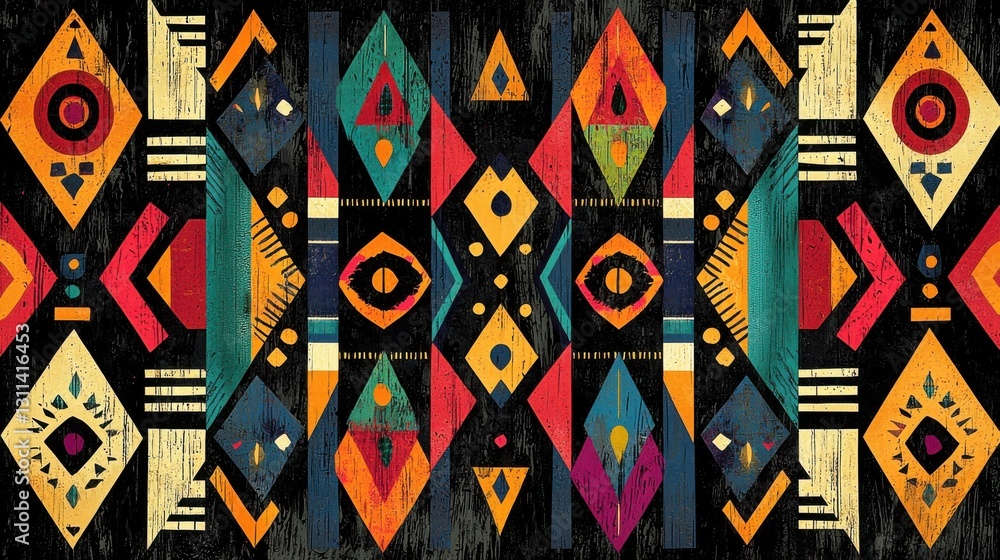 Poster vibrant geometric pattern with bold colors and abstract shapes on dark background