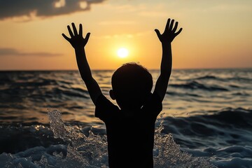 Fototapeta premium Child Silhouette Celebrating Sunset at Ocean Waves in Summer Evening