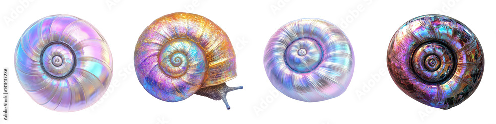 Poster beautiful and mesmerizing patterns of a nautilus seashell with vibrant iridescent colors and spiral 