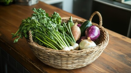 Top-down view of a rustic wicker basket filled