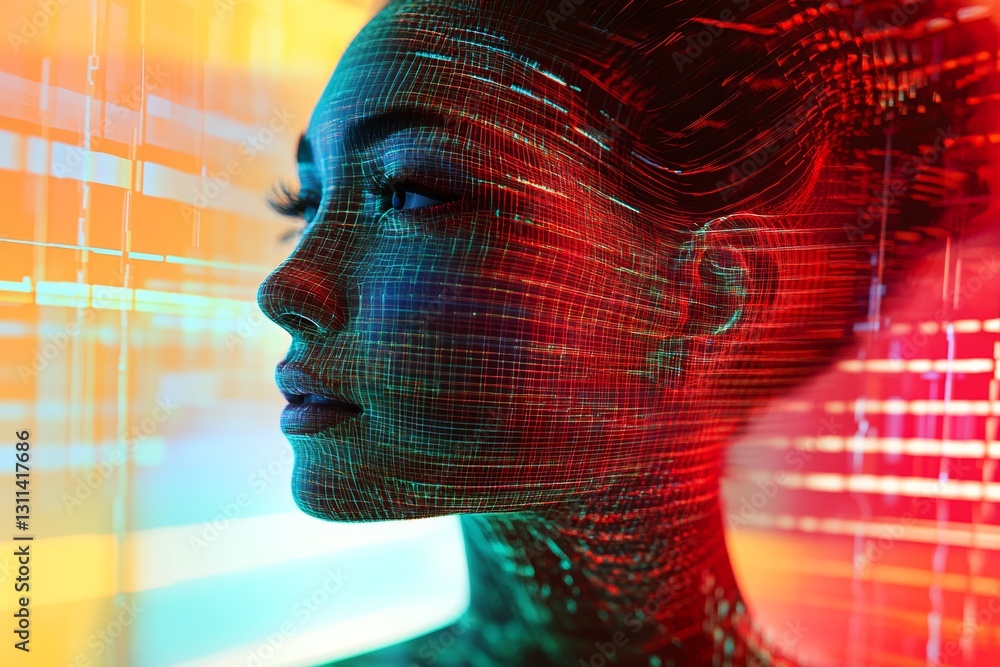Poster vibrant abstract portrait with digital abstract lines and colors