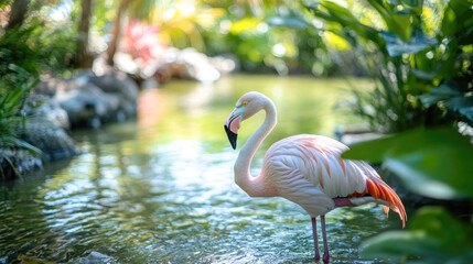 Fototapeta premium Elegant flamingo standing gracefully in sunlit tropical pond