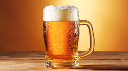 Refreshing mug of amber beer with frothy head on wooden table against gold background