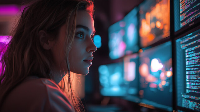 Young Female Programmer Working at Her Desk