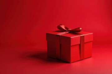 Obraz premium Luxury single red gift box on red backdrop Ideal for holiday marketing , romance, product, festive