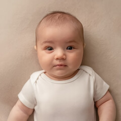 Naklejka premium Head And Shoulders Portrait Of Baby Boy Wearing White Onesie