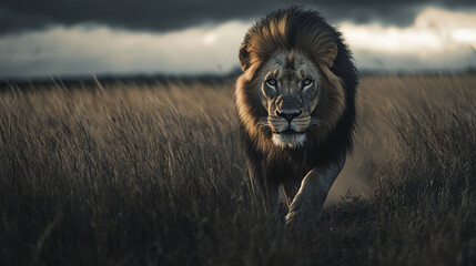Obraz premium Powerful lion walking through savanna under dramatic sky