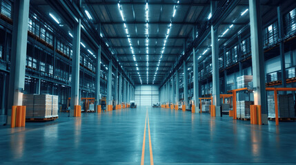 Fototapeta premium Spacious modern warehouse interior with high ceilings and industrial lighting