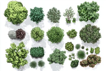 Collection of top-view illustrations of various shrubs and trees. Ideal for landscape design, architecture, or gardening projects.