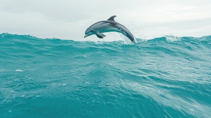 Fototapeta premium Dolphin leaps gracefully above turquoise waves, showcasing agili