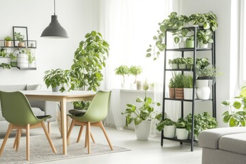 Modern dining room with abundant greenery and plants.