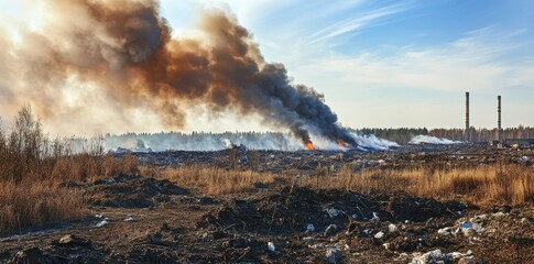 Fototapeta premium Smoke from a burning waste dump rising into a clear blue sky, highlighting environmental pollution concerns.