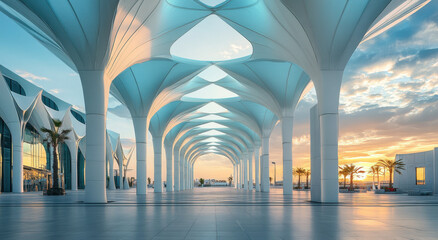 This architectural marvel showcases stunning white columns rising dramatically, framed by a colorful sunset. The space is open and inviting, highlighting sleek design elements