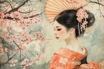 Elegant Asian Woman in Traditional Attire Surrounded by Cherry Blossoms