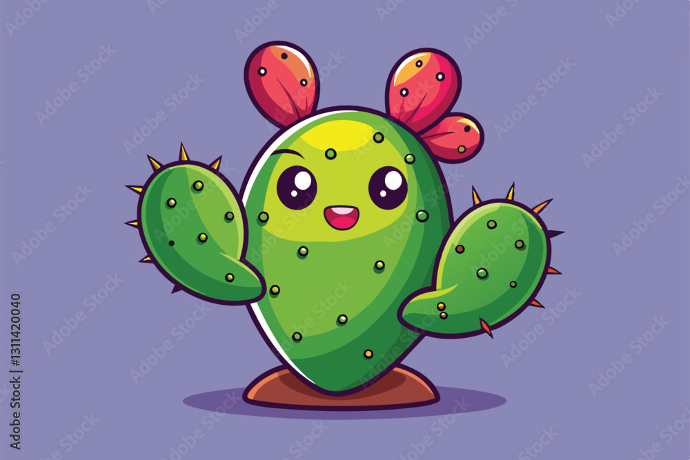 Poster a playful prickly pear cactus character with lively colors and an engaging smile, perfect for custom