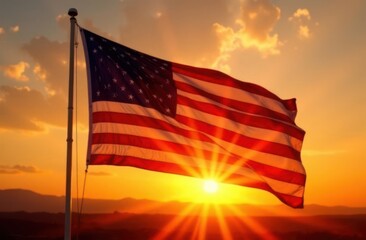 Beautiful sunset with an American flag waving on Independence Day celebration