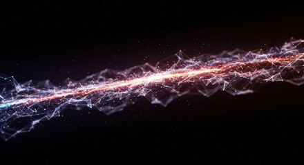 Futuristic moving wave. Glowing particles and geometric shapes. Big data visualization. Abstract technology backdrop. Digital pink wave on black background, copy space. Artificial intelligence network