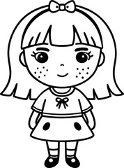 Obraz premium adorable girl in dress with bow cute black and white illustration for coloring and design