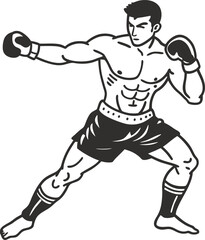 Boxer in fighting stance monochrome illustration of martial arts athlete with gloves, ready for action in competitive sports