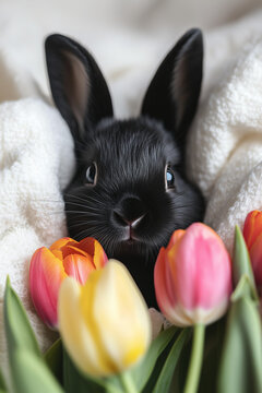 Cute Easter and spring wallpaper with black, fluffy bunny wrapped in a soft, warm blanket and surrounded by colorful tulips.	