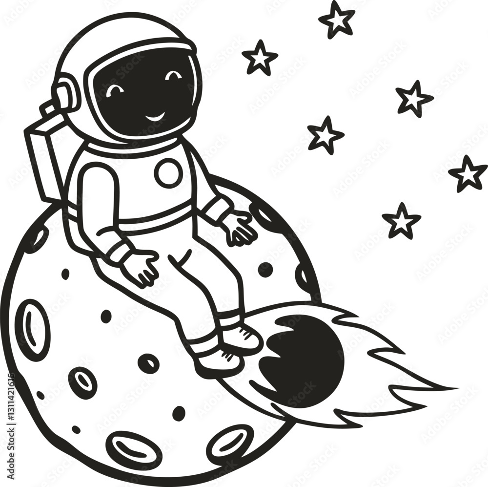 Poster smiling astronaut on meteor space adventure drawing with stars and celestial fun