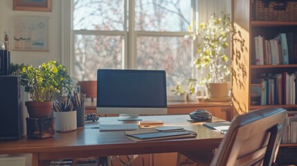 sunny home office workspace with plants and books