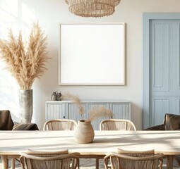 Modern dining room with pampas grass, light wood table, and blue door.