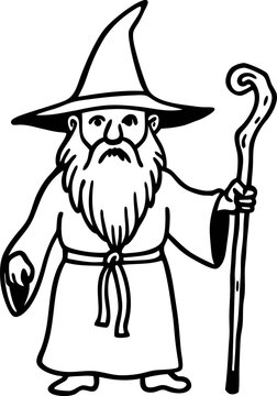 recommend clip art: Wizard wearing hat and robe holding staff magical bearded character, fantasy illustration