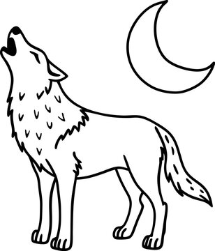 recommend clip art: howling wolf under crescent moon illustration black and white line art, wild animal, night scene