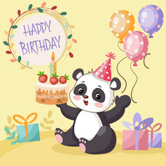 Children's Happy Birthday card with funny panda and cake