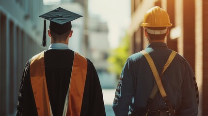 graduate and construction worker walking away