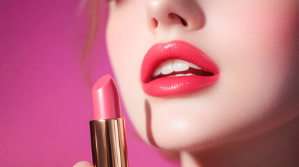 Obraz premium Close-up of woman's lips highlighting pink lipstick application and perfect teeth