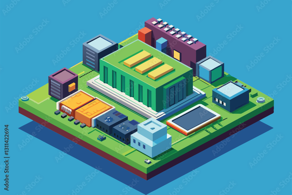 Poster a detailed isometric view of a customizable printed circuit board showcasing diverse electronic comp