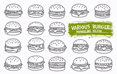 Set of classic beef cheeseburgers with lettuce, tomato, and onion vector illustration