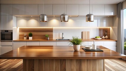 Fototapeta premium Modern kitchen island with wooden countertop and sleek white cabinetry