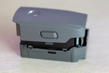 Disassembled drone battery, swollen battery, repair and maintenance of Li-ion power supply for quadrocopter