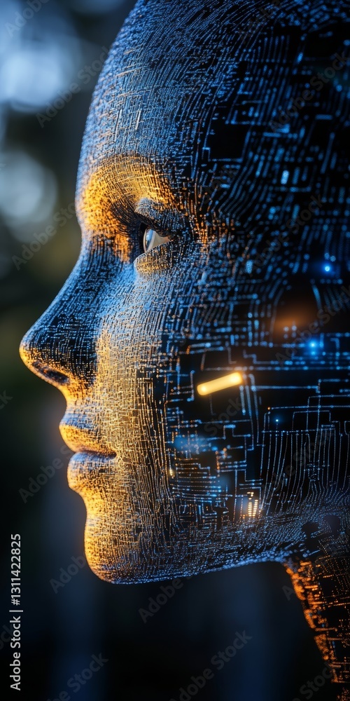 Poster futuristic profile of a human-like face with circuit patterns