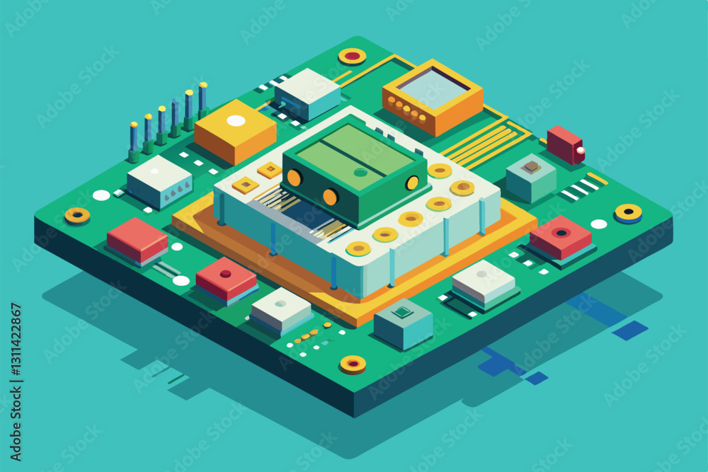 Poster a semi-flat printed circuit board features various electronic components and connectors for customiz