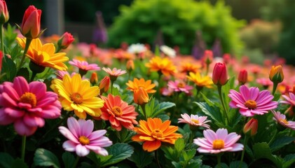Vibrant, overflowing flowerbed; diverse blooms, lush foliage, beautiful, flower composition