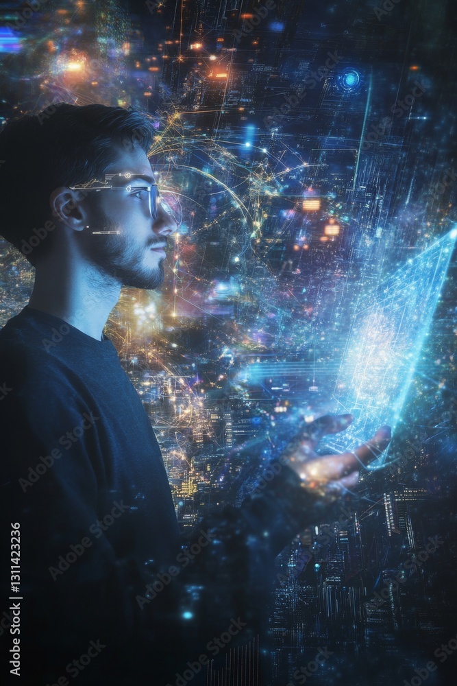 Poster man engaged in digital exploration surrounded by cosmic light and abstract data visualizations