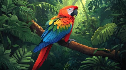 A vibrant parrot with vivid red, yellow, green, and blue feathers perches on a lush green branch, its colors contrasting beautifully with the foliage