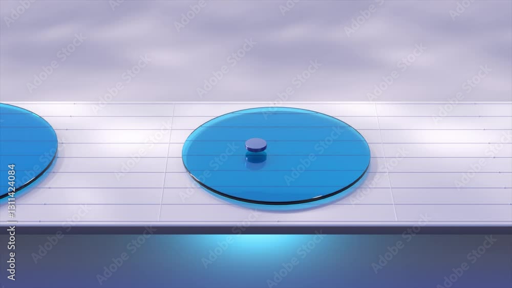 Poster transparent glass circular element dynamically bouncing between minimalist geometric platforms, rota
