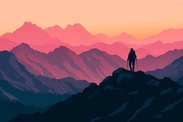 Fototapeta premium Hiker Silhouette Against Vibrant Mountain Sunset Landscape View