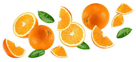 flying orange fruits with slices and green leaves isolated on white background. clipping path