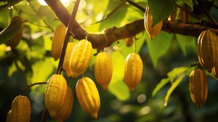 ripe cacao pods on tree branch