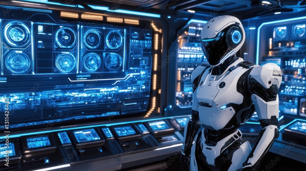Poster futuristic robot operating control panel