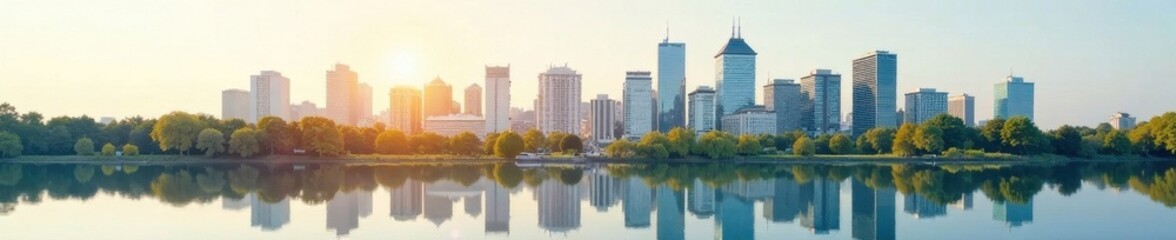 Layered city skyline and nature scene create surreal double exposure effect , skyline, sunset