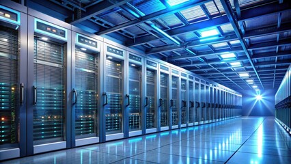 Modern Data Center Infrastructure A Row of Sleek Servers Illuminated by Bright Blue Lights
